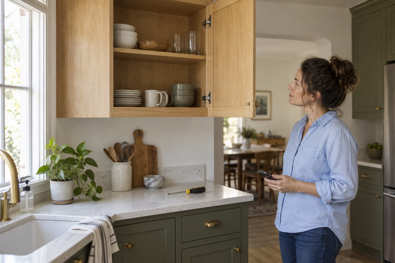 A homeowner taking a thoughtful look at an open kitchen cabinet